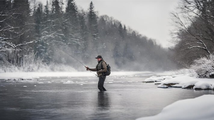 Žmogus braidantis upėje žiemą